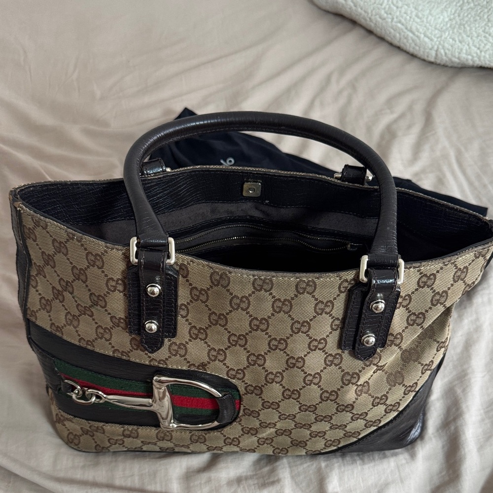 Gucci Beige Monogram Canvas Bag with Black Leather Trim